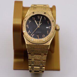 Royal Oak Style Seiko Mod | Frosted Yellow Gold | Black Waffle Dial Arabic # |
